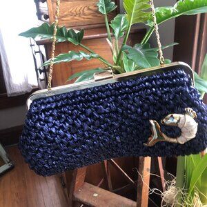 Rare Lilly Pulitizer Cobalt Blue Raffia Clutch with Enameled Fish Accent